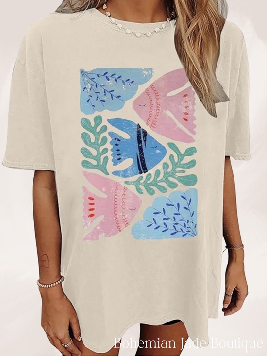 Tops - Graphic Fish Tee Women’s Medium Oversized White Coastal Beach Nautical T-Shirt